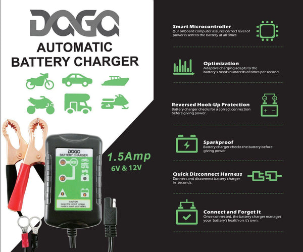 DAGA Battery Charger Automatic Maintainer Dual mode 12V/6V 1.5Amp (4-pack) - 1MOTOSHOP